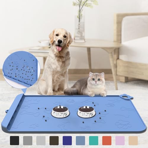 Futtermatte für Haustiere, 91,4 x 61 cm, große Silikon-Füttermatten mit Rückstandsauffangtasche, wasserdichte Matte für Futter und Wasser mit Rand und Haken, Tablett für Hundenapf, Blau von ZIRWTI