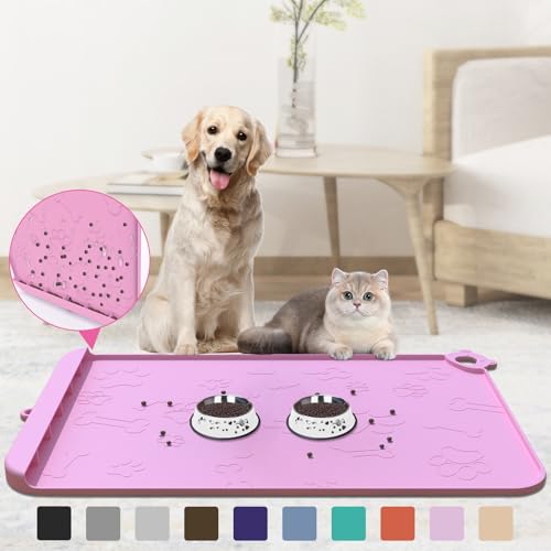 Futternapfmatte für Haustiere, 91,4 x 61 cm, große Silikon-Hundefuttermatte mit Rückstandsauffangtasche, wasserdichte Katzennapf-Matten für Futter und Wasser, mit Rand und Haken, Tablett für Näpfe von ZIRWTI