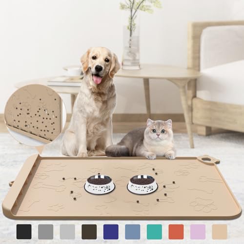 Futternapfmatte für Haustiere, 91,4 x 61 cm, große Silikon-Hundefuttermatte mit Rückstandsauffangtasche, wasserdichte Katzennapf-Matten für Futter und Wasser, mit Rand und Haken, Tablett für Näpfe von ZIRWTI