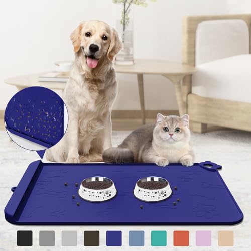 ZIRWTI Futternapf-Matte aus Silikon für Hunde und Katzen, mit Rand, wasserdicht, rutschfest, leicht zu reinigen, Marineblau, 45,7 x 30,5 cm von ZIRWTI