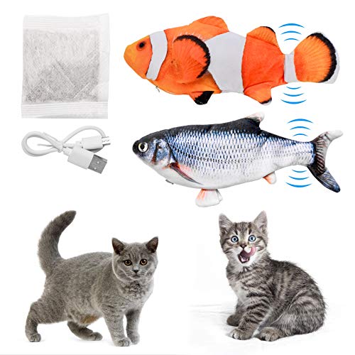 ZITFRI Katzspiegelzeug Elektrisch Fisch 2 Stück Katze Interaktive Spielzeug mit Katzenminze Fisch Spielzeug mit USB Fischspiegelzeug für Katze zu Spielen, Beißen, Kauen(28cm, Orange & Blau) von ZITFRI