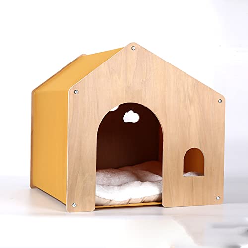 Hölzerne Katzenhütte, kleine Hundehütte, Umweltschutz, Massivholzmöbel, Katzenhütte, geeignet für drinnen und draußen (gelb) elegant von ZITTRO