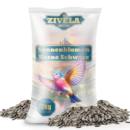 Sonnenblumenkerne Schwarz 3Kg | Schwarze Sonnenblumenkerne für Vögel - Premium-Qualität, Nährstoffreich und Schmackhaft für Ihre Gefiederten Freunde | 3kg Sonnenblumenkerne Schwarz für Wildvogel von ZIVELA