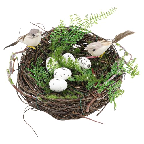 Künstliches Vogelnest, natürlicher Rattanzweig, Vogelnest Haus Ornament, gefälschte Vogelnester mit Vögeln und Eiern für Hausgartendekoration von ZJIVQO