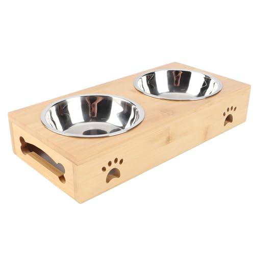 Erhöhte Katzenschalen, Katzenfutterschüssel Edelstahl Katze Doppelschale Erhöhte Hundebereich Hundekatze Futtermittel mit Bambusständer für Kleine Mittelgroßen Großen Hunden, 2,0 X 5,4 X 11,5 Zoll von ZJchao
