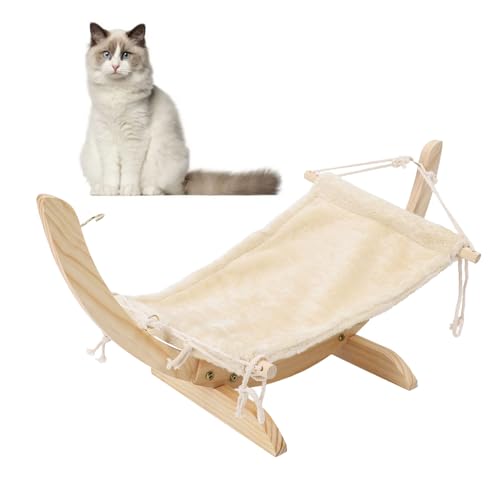 Katzenbett-Hängematte, Katzen-Hängemattenbett aus Massivem Kiefernholz, mit Bequemer Decke, Ideal für Kätzchen, Welpen, Kleine Haustiere, Maschinenwaschbar (Beiger kurzer Plüsch) von ZJchao