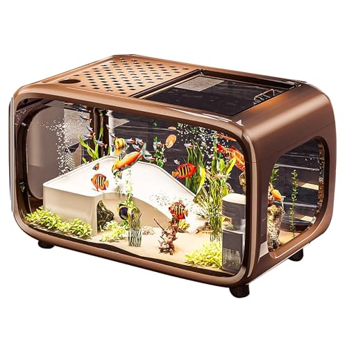 Betta Aquarium – Mini Acryl Tischaquarium mit 360° Rundumsicht, Nano Garnelenbecken & Schildkrötenbecken, Aquarium mit Kiesboden für Aquarienpflanzen und Deko(Brown) von ZKBDBWTR
