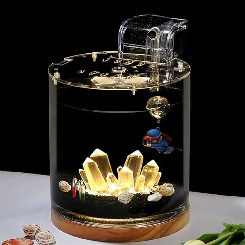 Betta-Aquarium-Starter-Set – Zylindrisches Kampffisch Aquarium mit Holzsockel, LED-Licht, Wasserpumpe – Goldfischbecken für Anfänger(15 * 20cm/5.9 * 7.8in) von ZKBDBWTR