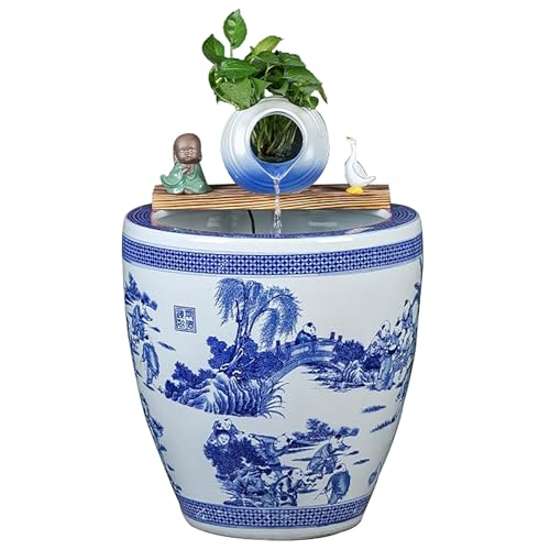 Blau-weißes Porzellan-Aquarium – Traditionelle Große Lotusschale aus Keramik, Erhöhtes Wasserspiel für den Garten für Goldfische, Koi und Terrasse(42cm/16.5in) von ZKBDBWTR