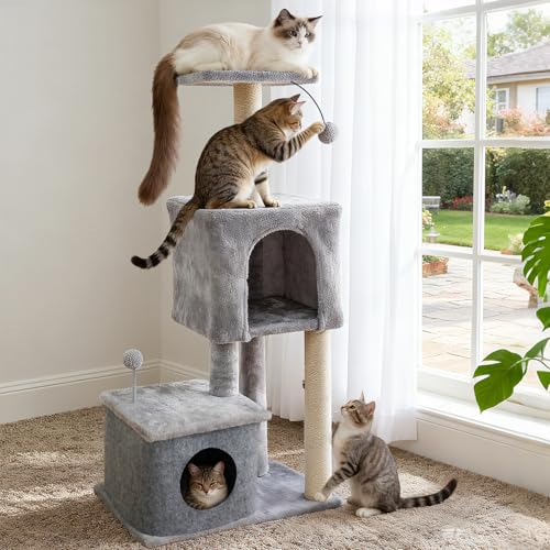 43,7 Zoll Mehrstöckiger Kratzbaum Turm mit 2 Plüschhöhlen, Sitzstange oben, 2 interaktive Pompom-Bälle, Sisal-Kratzstämme - Stabile Katzenturm-Möbel für Kätzchen und Katzen von ZLAFM