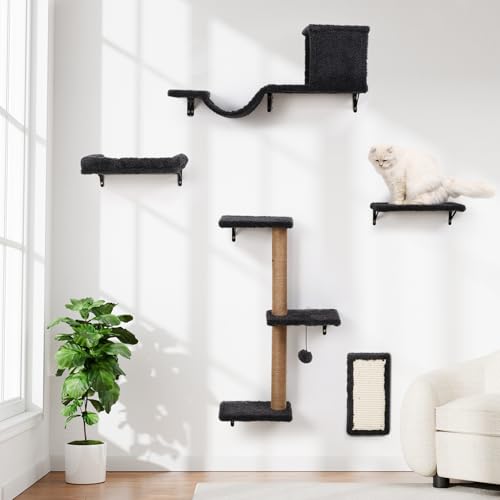 Katzenwandregale, Stabil & Sicher 5 in 1 Katzenmöbel Set, Kletterwand aus Holz mit Kratzbaum für 40,6 cm Trockenbau - Dunkelgrau Katzenwandregale, Stabil & Sicher 5 in 1 Katzenmöbel Set, Kletterwand aus Holz mit Kratzbaum für 40,6 cm Trockenbau - Dunkelgrau von ZLAFM