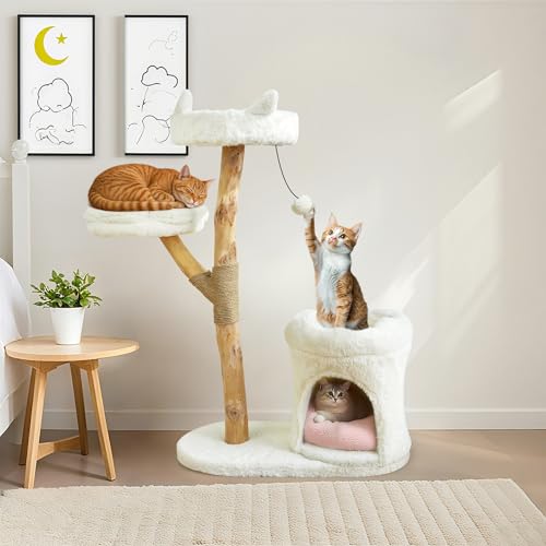 Moderner Katzenturm aus echtem Holz, Kletterturm, Katzenbaum mit Kratzbaum und Ball, Katzenmöbel mit Blumenbeet für 95,2 cm Höhe, Ast, Luxus-Höhle für Indoor-Holzkatzen, großer Erwachsenenbaum von ZLAFM