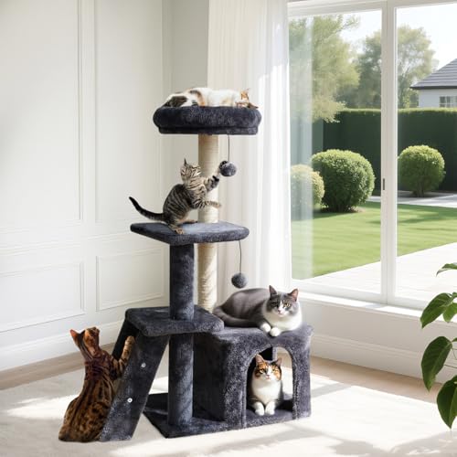 ZLAFM Kratzbaum mit Kletterleiter, Kratzbaum und Ball, Plüschhöhle, modern, mehrstöckig, Möbelkletterer für Indoor-Katzen, groß, Erwachsene, Dunkelgrau von ZLAFM