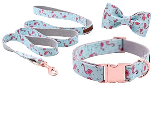 Pfoten Hund oder Katze Halsband oder Leine Set Pink Flamingo mit reinen Baumwollschleifen für Haustiere-Halsband Bogenleine, M. von ZMKW