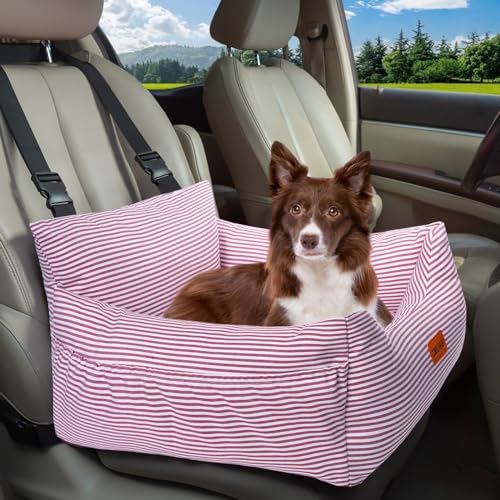 ZMUBB Hunde-Autositz für kleine Hunde: Einfache Installation, vollständig abnehmbar, waschbar, weich, sicher, mit Aufbewahrungstaschen und Leine zum Anklippen (gestreift, rot) von ZMUBB