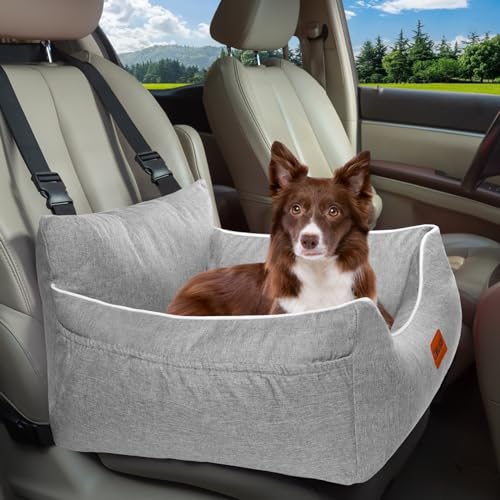 ZMUBB Hunde-Autositz für kleine Hunde: Einfache Installation, vollständig abnehmbar, waschbar, weich, sichere Reisetasche, mit Aufbewahrungstaschen und Clip-on-Leine (grau) von ZMUBB