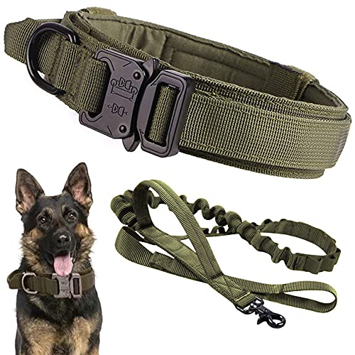 ZOBAYOP Verstellbares taktisches Hundehalsband mit Schnalle Militär-Hundehalsband dick mit Griff robust grün Halsband und Leine Set M von ZOBAYOP