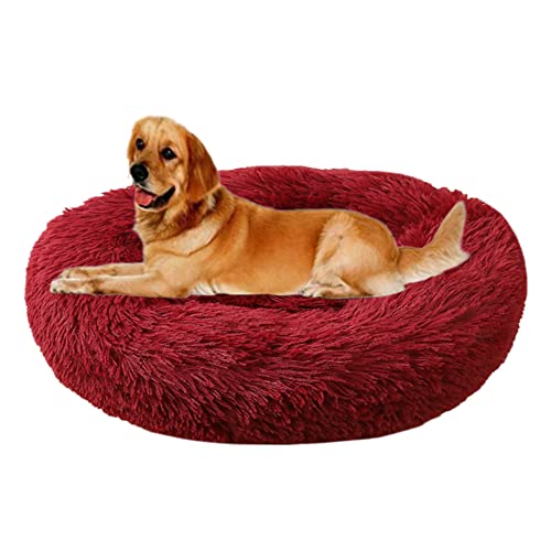 Beruhigendes Hundebett, Linderung, Angst, Plüsch, bequem, warm, Haustiernest, Bett, rutschfest, kuschelig, weich, Welpensofa, verbesserter Schlaf, rundes Haustierbett (Ø70 cm, Weinrot) von ZOCIS