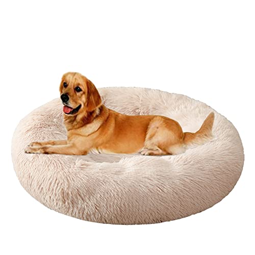 Beruhigendes Hundebett, lindert Angstzustände, Plüsch, bequem, warmes Hundebett, Haustiernest, rutschfest, Kuschelhütte, weiches Welpensofa, verbessertes Schlafen, rundes Haustierbett (Ø80 cm, Beige) von ZOCIS