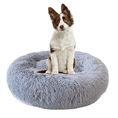 Beruhigendes Hundebett für Welpen, Kätzchen, Donut-Bett – rundes Haustierbett mit rutschfester Unterseite, großes Hundebett, Anti-Angst, verbessertes Schlafen, kuscheliges Plüsch-Hundebett, waschbar, Ø 110 cm, Grau von ZOCIS