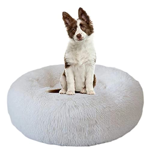 Beruhigendes Hundebett für Welpen, Kätzchen, Donut-Bett – rundes Haustierbett mit rutschfester Unterseite, großes Hundebett, Anti-Angst, verbessertes Schlafen, kuscheliges Plüsch-Hundebett, waschbar, Ø 110 cm, Weiß von ZOCIS