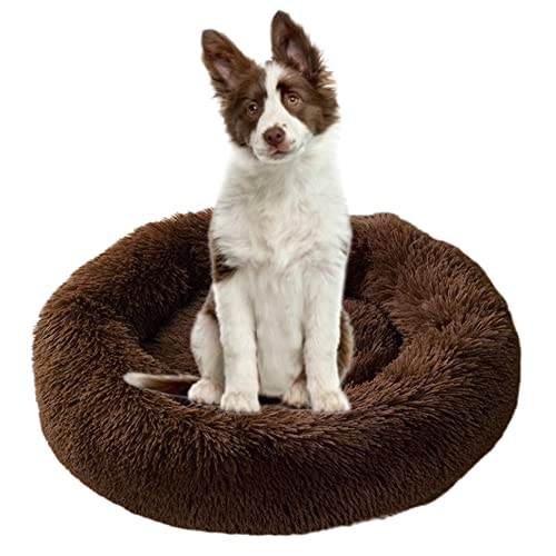 Beruhigendes Hundebett für Welpen, Kätzchen, Donut-Bett – rundes Haustierbett mit rutschfester Unterseite, großes Hundebett, Anti-Angst, verbessertes Schlafen, kuscheliges Plüsch-Hundebett, waschbar, Ø90 cm, Kaffee von ZOCIS