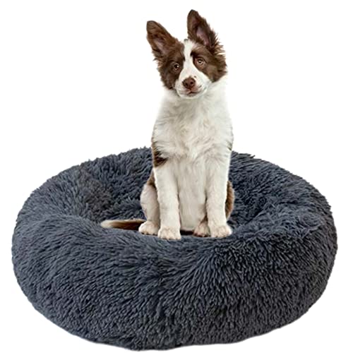 Beruhigendes Hundebett für Welpen, Kätzchen, Donut-Bett – rundes Haustierbett mit rutschfester Unterseite, großes Hundebett, Anti-Angst, verbessertes Schlafen, kuscheliges Plüsch-Hundebett, waschbar, Ø90 cm, Dunkelgrau von ZOCIS