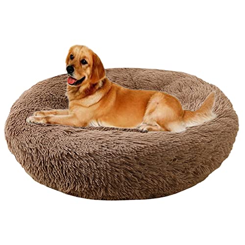 Beruhigendes Hundebett zur Linderung von Angstzuständen, Plüsch, bequem, warmes Hundebett, Haustiernest, rutschfest, Kuschelhütte, weiches Welpensofa, verbessertes Schlafen, rundes Haustierbett (Ø70 cm, Khaki) von ZOCIS