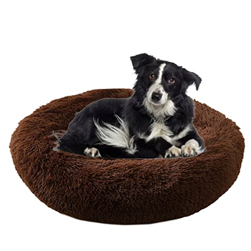 Beruhigendes Kuschel-Hundebett mit Donut-Haustierbett, rutschfeste Unterseite, flauschiges Plüsch-Hundebett, Sofa, Haustierbett, selbstwärmend, Kunstfell, rundes Hundebett, Anti-Angst-Bett für große, mittelgroße Hunde, Katzen, Ø60 cm, Kaffee von ZOCIS