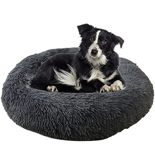 Beruhigendes Kuschel-Hundebett mit Donut-Haustierbett, rutschfeste Unterseite, flauschiges Plüsch-Hundebett, Sofa, Haustierbett, selbstwärmend, Kunstfell, rundes Hundebett, Anti-Angst-Bett für große, mittelgroße Hunde, Katzen, Ø60 cm, dunkelgrau von ZOCIS