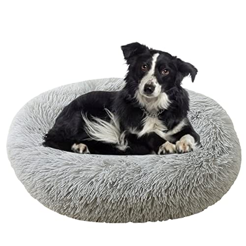 Calming Cuddler Hundebett Donut Haustierbett Anti-Rutsch-Unterseite Flauschiges Plüsch-Hundebett Sofa Haustierbett Selbstwärmendes Kunstfell Rundes Hundebett Anti-Angstbett für große, mittelgroße Hunde, Katzen, Ø110 cm, Grau von ZOCIS