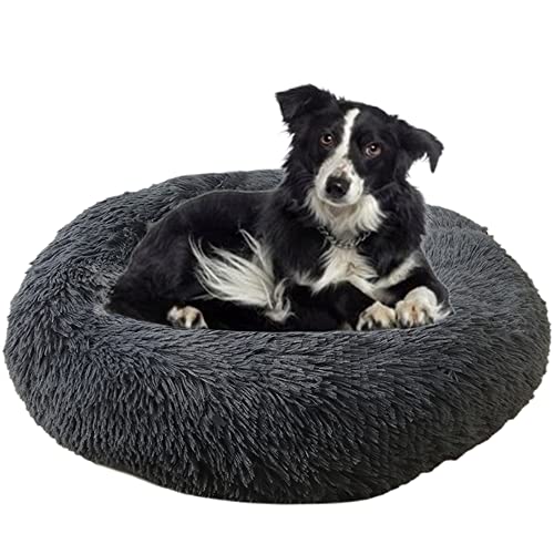Calming Cuddler Hundebett Donut Haustierbett Anti-Rutsch-Unterseite Flauschiges Plüsch-Hundebett Sofa Haustierbett Selbstwärmendes Kunstfell Rundes Hundebett Anti-Angstbett für große mittelgroße Hunde Katzen, Ø110 cm, dunkel Grau von ZOCIS