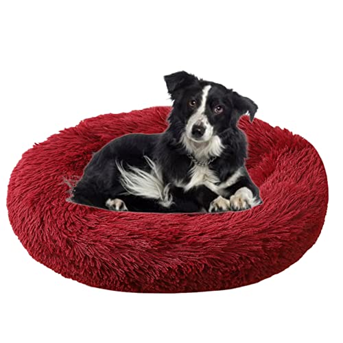 Calming Cuddler Hundebett Donut Haustierbett Anti-Rutsch-Unterseite Flauschiges Plüsch-Hundebett Sofa Haustierbett Selbstwärmendes Kunstfell Rundes Hundebett Anti-Angstbett für große mittelgroße Hunde, Katzen, Ø110 cm, weinrot Rot von ZOCIS