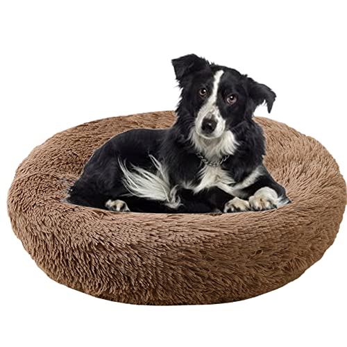 Calming Cuddler Hundebett Donut Haustierbett Anti-Rutsch-Unterseite Flauschiges Plüsch-Hundebett Sofa Haustierbett Selbstwärmendes Kunstfell Rundes Hundebett Anti-Angstbett für große mittelgroße Hunde Katzen, Ø120 cm, Khaki I von ZOCIS