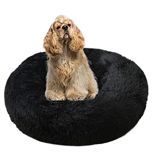 Cuddler Plüsch-Hundebett, beruhigend, Anti-Angst, extra groß, weiches, warmes Haustiernest, Sofa mit rutschfester Unterseite, rundes Haustierkissen, Welpenbett, verbessertes Schlafen, (Ø 110 cm, schwarz) von ZOCIS