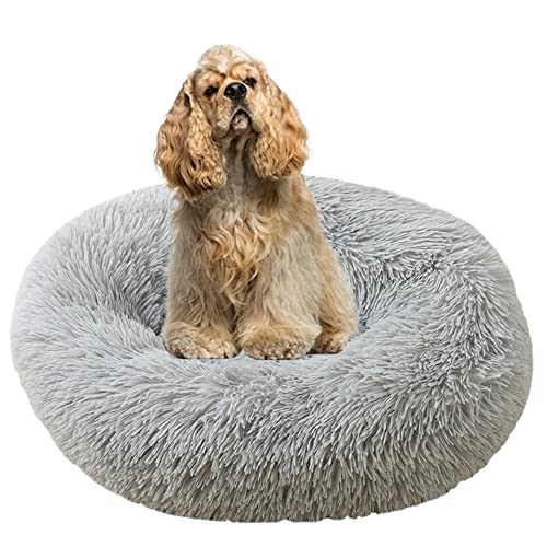 Cuddler Plüsch-Hundebett, beruhigend, Anti-Angst, extra groß, weiches, warmes Haustiernest, Sofa mit rutschfester Unterseite, rundes Haustierkissen, Welpenbett, verbessertes Schlafen (Ø 140 cm, grau) von ZOCIS