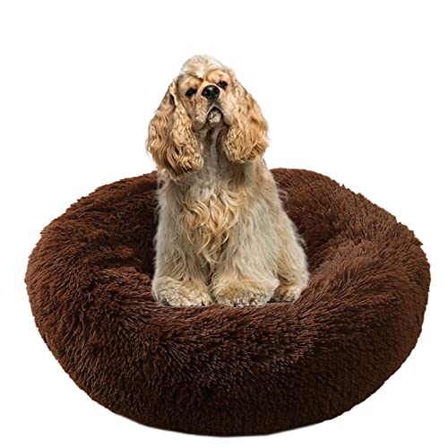 Cuddler Plüsch-Hundebett, beruhigend, Anti-Angst, extra groß, weiches, warmes Haustiernest, Sofa mit rutschfester Unterseite, rundes Haustierkissen, Welpenbett verbessert das Schlafen (Ø 100 cm, Kaffeebraun) von ZOCIS