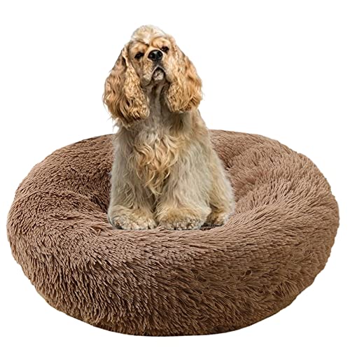 Cuddler Plüsch-Hundebett, beruhigend, Anti-Angst, extra groß, weiches, warmes Haustiernest, Sofa mit rutschfester Unterseite, rundes Haustierkissen, Welpenbett verbessert das Schlafen (Ø 120 cm, Khaki) von ZOCIS