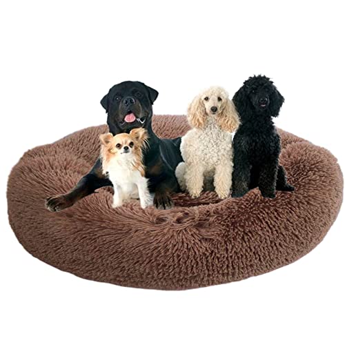 Donut-Haustierbett mit rutschfester Unterseite, flauschig, gemütlich, Plüsch-Hundebett, beruhigendes Hundebett, Kuschelbett, rundes Haustierbett, Kissen für mittelgroße und große Hunde/Katzen, Ø90 cm, Kaffee von ZOCIS