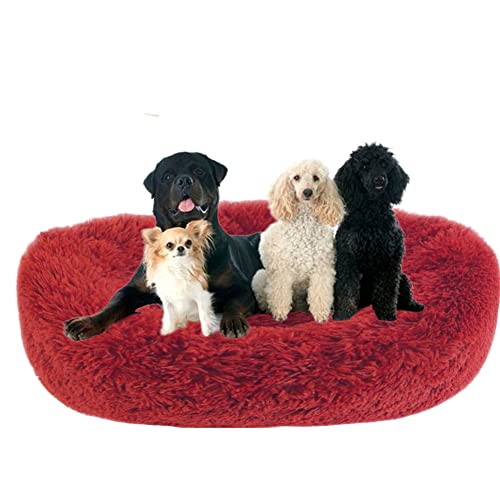 Donut-Haustierbett mit rutschfester Unterseite, flauschig, gemütlich, Plüsch-Hundebett, beruhigendes Hundebett, Welpenbett, Kuschelbett, rundes Haustierbett, Kissen für mittelgroße und große Hunde/Katzen, Ø100 cm, weinrot von ZOCIS
