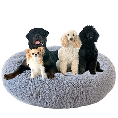 Donut Haustierbett mit rutschfester Unterseite, flauschig, gemütlich, Plüsch-Hundebett, beruhigendes Hundebett, Welpenbett, Kuschelbett, rundes Haustierbett, Kissen für mittelgroße und große Hunde/Katzen, Ø90 cm, Grau Donut Haustierbett mit rutschfester Unterseite, flauschig, gemütlich, Plüsch-Hundebett, beruhigendes Hundebett, Welpenbett, Kuschelbett, rundes Haustierbett, Kissen für mittelgroße und große Hunde/Katzen, Ø90 cm, Grau von ZOCIS