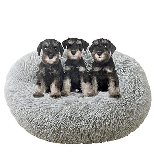 Großes, beruhigendes Hundebett, waschbar, rutschfeste Unterseite, Donut-Haustierbetten, Anti-Angst, warmes Welpen-Kuschelbett, rundes Hundebett, Kissen für verbesserten Schlaf, Ø 110 cm, Grau von ZOCIS