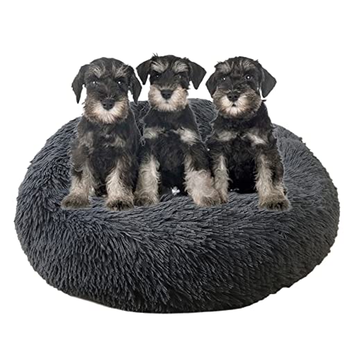 Großes, beruhigendes Hundebett, waschbar, rutschfeste Unterseite, Donut-Haustierbetten, Anti-Angst, warmes Welpen-Kuschelbett, rundes Hundebett, Kissen für verbesserten Schlaf, Ø90 cm, Dunkelgrau von ZOCIS