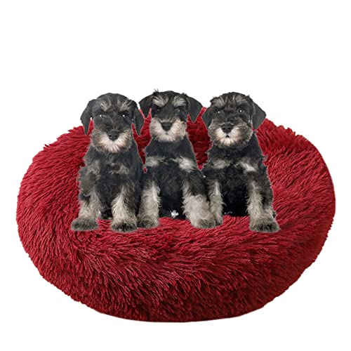 Großes beruhigendes Hundebett, waschbar, rutschfeste Unterseite, Donut-Haustierbetten, Anti-Angst, warmes Welpen-Kuschelbett, rundes Hundebett, Kissen für verbesserten Schlaf, Ø 110 cm, weinrot von ZOCIS