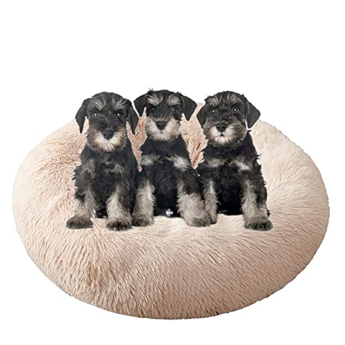 Großes beruhigendes Hundebett, waschbar, rutschfeste Unterseite, Donut-Haustierbetten, Anti-Angst, warmes Welpen-Kuschelbett, rundes Hundebett, Kissen für verbesserten Schlaf, Ø90 cm, Beige von ZOCIS