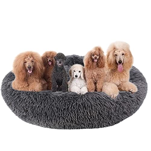 Kuddler Hundebett, flauschig, Plüsch, Haustierbett, runde Hundebetten, rutschfeste Unterseite, Welpen-Sofa, Bett, mittelgroß, Haustierkissen, Anti-Angst-Hundebett, waschbar, Ø80 cm, Dunkelgrau von ZOCIS