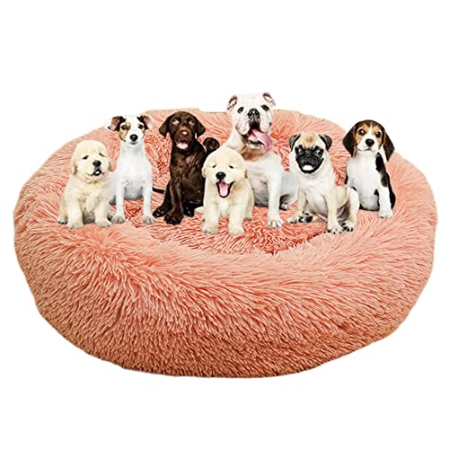 Langes Plüsch-Donut-Hundebett für große Hunde, bequemes, flauschiges Haustierbett, Kissenmatte mit rutschfester Unterseite, beruhigendes Hundebett, waschbar, Anti-Angst-Welpenbett, Ø 130 cm, Rosa von ZOCIS