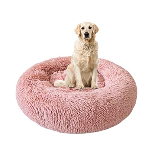 Runde Betten für Katzen und Hunde, gemütliches, beruhigendes Haustierkissen mit rutschfester Unterseite, flauschiges Plüsch-Welpenbett, Angstlinderung, Kuschelhütte für große, mittelgroße und kleine Hunde, Ø 120 cm, Rosa von ZOCIS