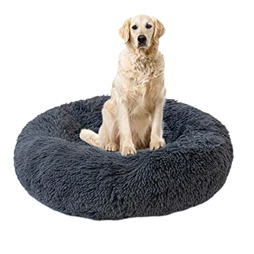 Runde Betten für Katzen und Hunde, gemütliches, beruhigendes Haustierkissen mit rutschfester Unterseite, flauschiges Plüsch-Welpenbett, Angstlinderung, Kuschelhütte für große, mittelgroße und kleine Hunde, Ø 90 cm, Dunkelgrau von ZOCIS