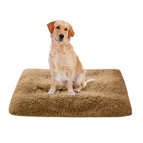 Weiche Plüsch-Hundebettmatte, waschbare Haustier-Hundekäfig-Matratze, rutschfeste Unterseite, Hundematte, Reißverschluss-Design, Haustierbettmatte, große beruhigende Hundebett-Matratze, 100 x 70 x 10 cm, Khaki von ZOCIS